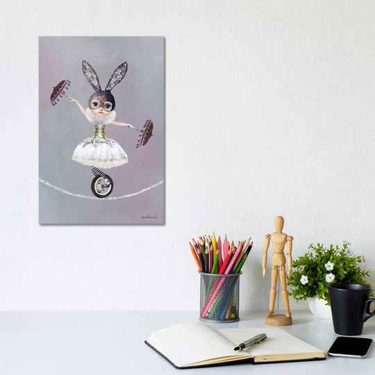 Miss Lily Rabbit Riding a Unicycle on a Tightrope at the Circus by Amanda Greenwood - Wrapped Canvas Graphic Art