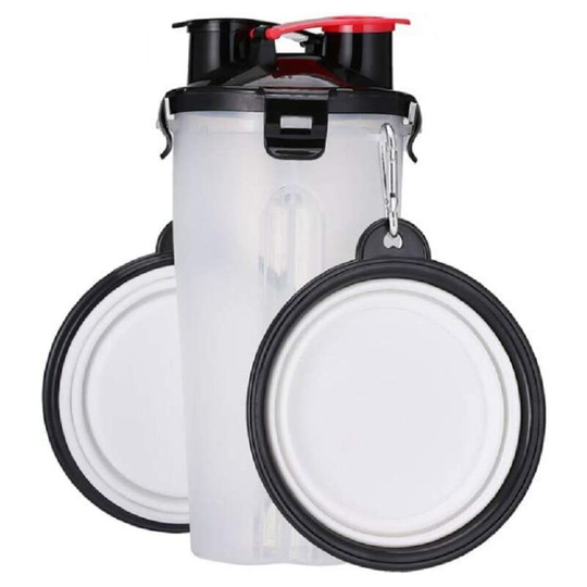 Pet Laptop Water Bottle, Domestic Pet Food Container 2-in-1 double room with 2 folding bowls for dogs / cats (white)