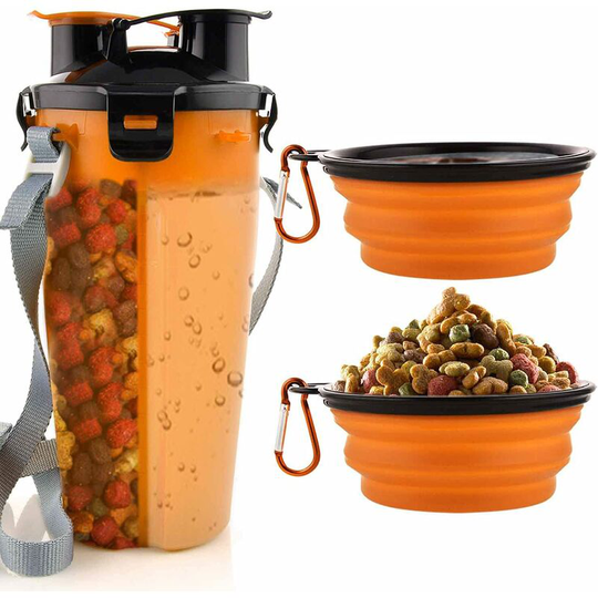FVO - Dog Water Bottle with 2 Collapsible Bowls Portable 2 in 1 Water Bottle and Food for Dogs Cat Pets, Travel Bottle for Walking, Exercise, Hiking,