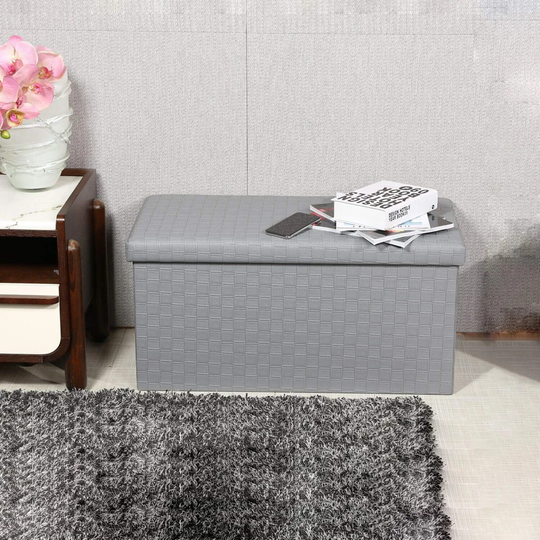 Black Faux Leather Ottoman Storage Boxes With Lids,Folding Large Bench Seat Kids Toy Chest Box Footstool For Living Room
