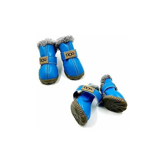 Snow Boots for Dogs Waterproof and Non-Slip Dog Shoe with Fur Collar pu Leather Dog Boots Warm and Comfortable Pet Shoes (Blue)