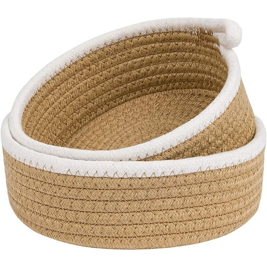 Small Basket Set of 2 Mini Woven Baskets Round Cotton Rope Basket Little Storage Baskets for Bins Organizer for Nursery Room Decor Kid-Khaki-2Pack