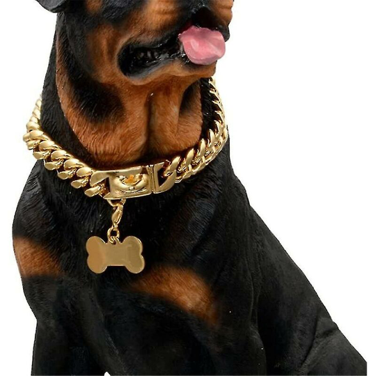 Thsinde - Gold Dog Chain Choke Collar,solid Cuban Link Strong, Heavy Duty Chew Resistant With Design Secure Buckle And Blank Bone Shape Id