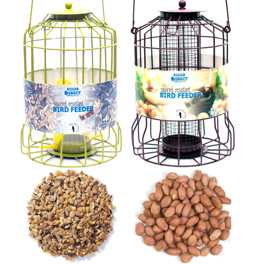 1 x Pair of Simply Direct Squirrel Guard Hanging Nut and Seed Feeders with 1KG bag of Mixed Seeds and 1KG Bag of Peanut Feed for Wild Garden Birds