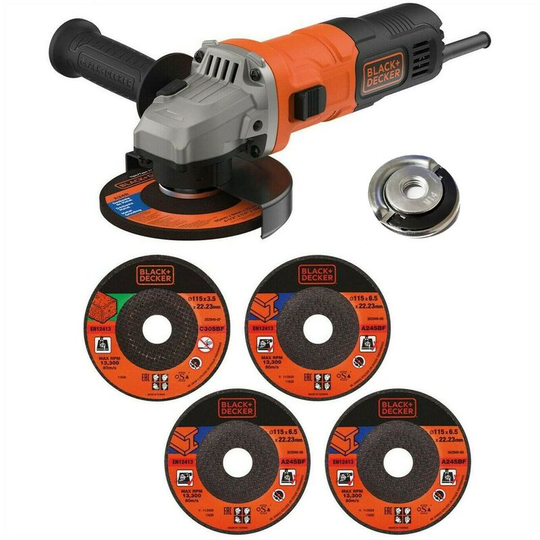 Black and Decker 240v 115mm 4.5' Angle Grinder 5 Discs + Flange Nut BEG010A5-GB