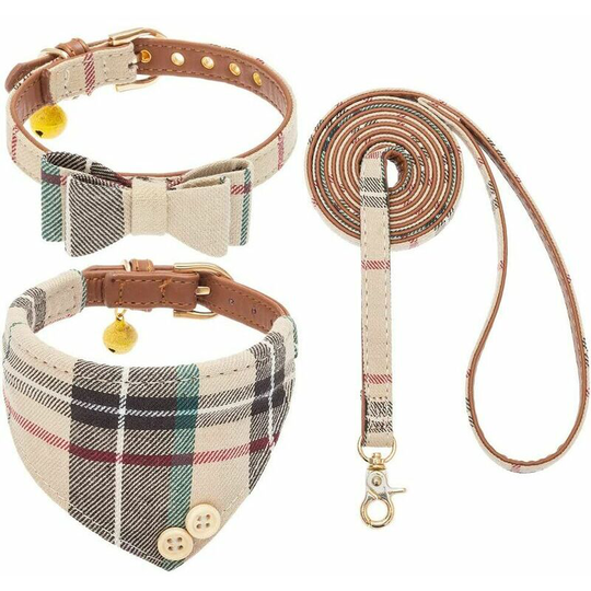 Bow Tie Dog Collar and Leash Set Classic Plaid Adjustable Dogs Bandana and Collars with Bell for Puppy Cats 3 Count (S 9-11.5")