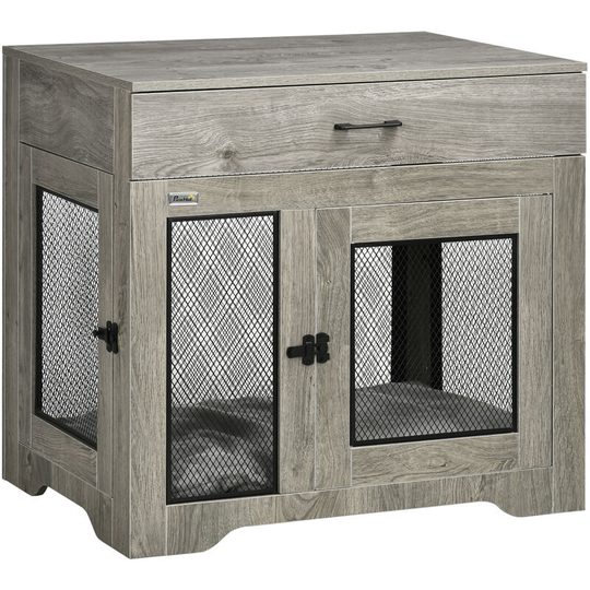 Modern Pet Crate End Table w/ Double Doors, Drawer, for Medium Dogs - Grey - Pawhut