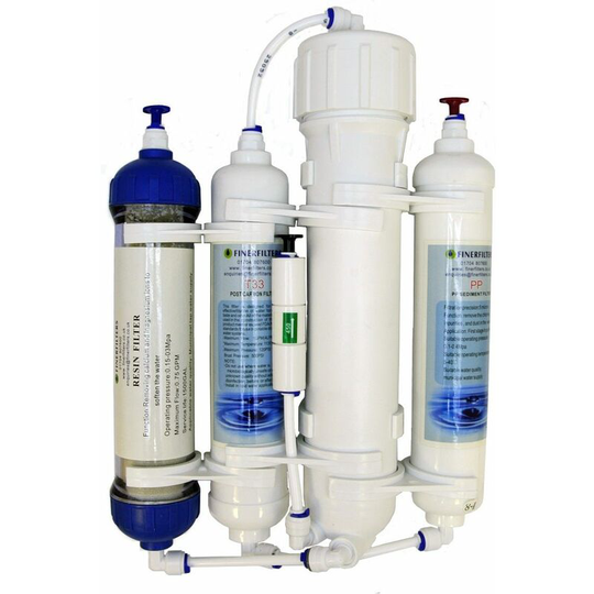 4 Stage Compact Aquarium Reverse Osmosis 50 GPD Unit with Inline DI Resin Chamber for Tropical, Marine & Discus Fish