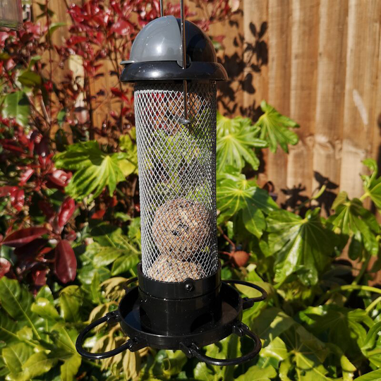 Roll Top Garden Wild Bird Hanging Grey and Black Plastic Sunflower Heart Seed Feeder - Tom Chambers