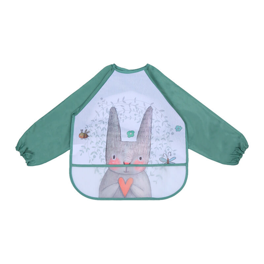 Long Sleeve Baby Bib Waterproof Feeding Baby Meal Apron Painting Smock for 6 Months to 3 Years Old Kids (Green Rabbit)