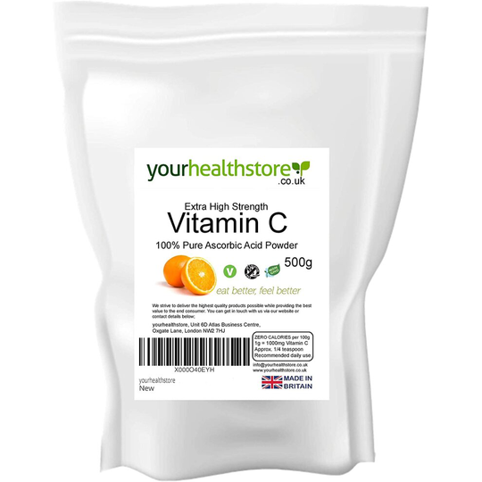 yourhealthstore Vitamin C Powder 500g, Extra High Strength Ascorbic Acid 100% Pure British Pharmaceutical Grade Non-GMO, Vegan, Gluten Free.