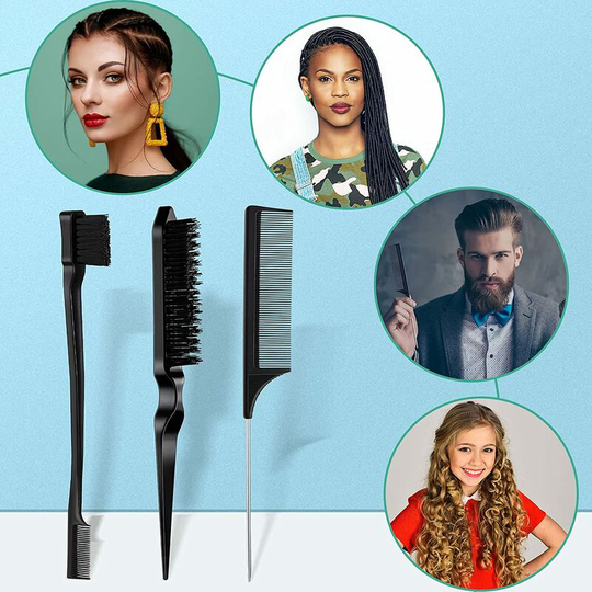 3 Pack Hair Slicker Bristle Hair Brush Grooming Combs Heavy Duty Rat Tail Comb for Women Baby Kids Hair (Black)