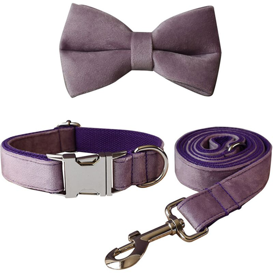 Pet Dog Collar and Leash, Velvet Dog Collar and Leash, Soft and Comfortable, Adjustable Collars for Dogs Double Knot Dark Purple Pink Velvet Dog
