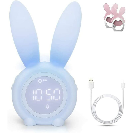 Thsinde - Cute Rabbit Children's Alarm Clock, Bedside Lamp led Night Light Morning Alarm Clock with Automatic Time/Date/Temperature, 2 Alarms, Snooze