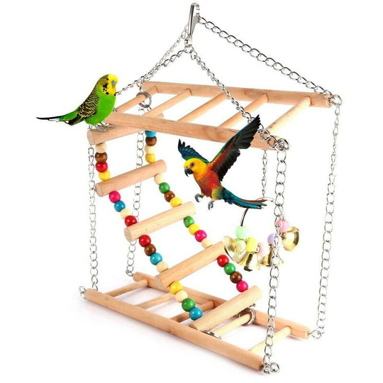 Double decker toy for bird playground wooden suspension bridge stairs