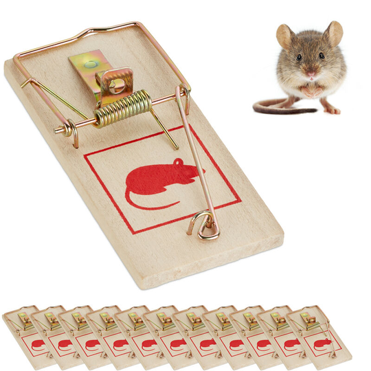 Set of 12 Mousetraps, Classic Mice Trap, Reusable, No Poison, Animal Trapping, Metal Hanger, Wooden, Natural - Relaxdays