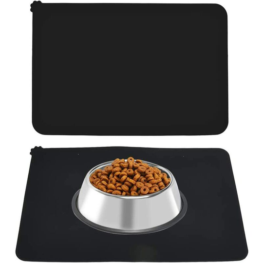 Pet Food Mat for Cat Dogs, Large Silicone Feeding Mat Non-slip Bowl Mat for Puppy Kitty(Black)