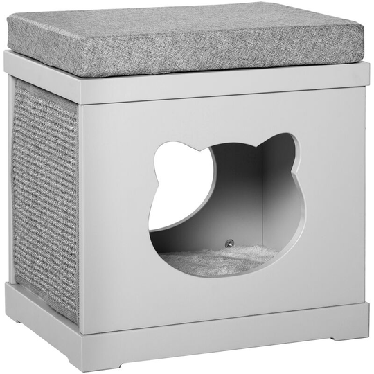 Cat House Bed Kitten Cave Cube Indoor w/Soft Cushion Sisal Scratching Pad - Grey - Pawhut