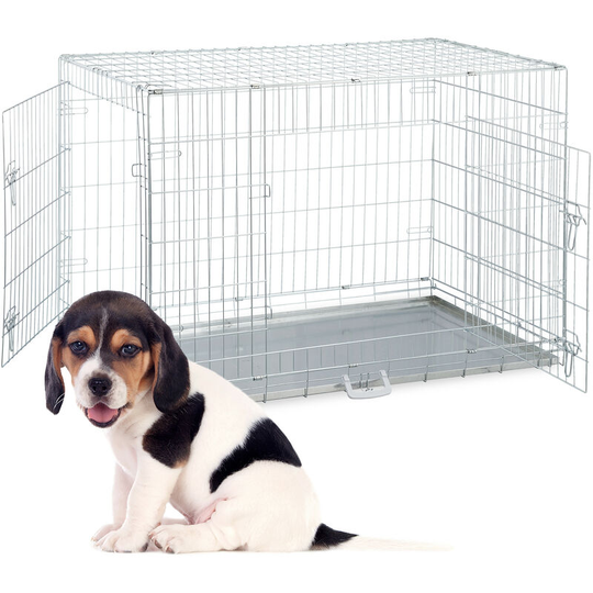 Foldable Dog Crate, for Indoors or Travels, Galvanised Tray, 2 Doors, Handle, 82 x 121 x 76 cm, Metal, Silver - Relaxdays