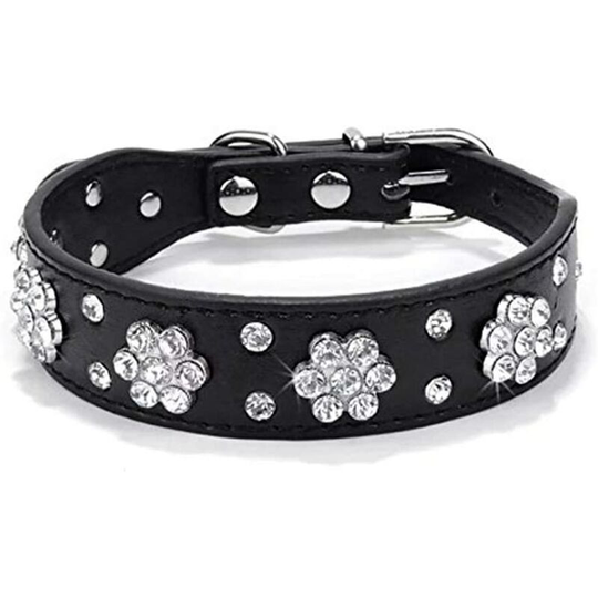 Adjustable Rhinestone Flower Faux Leather Dog Collar Sizes: s, m, l (m, Black)