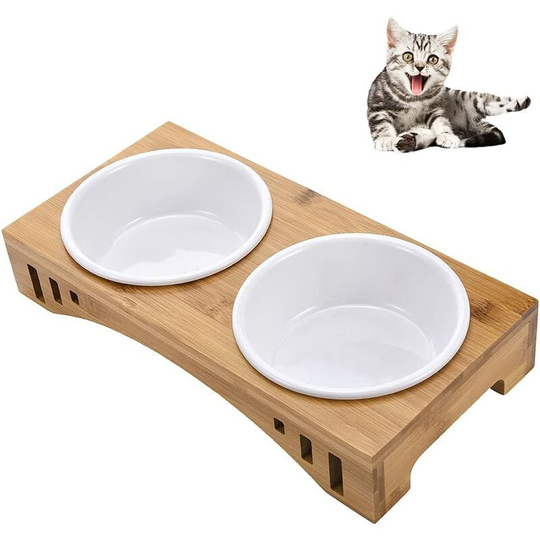 Double Cat Food and Water Bowls - Ceramic Cat Bowls with Bamboo Stand Raised Pet Feeding Station for Cats and Small Dogs / Protect Cervical Vertebra