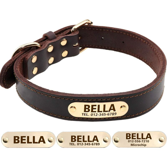 Perle Rare - Personalized Leather Dog Collar, Engraved Name and Phone Number Tag, Thick Leather, Fits Large Dogs, Brown, Large
