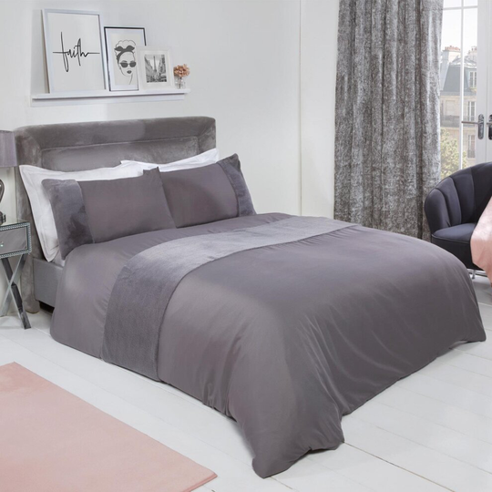 (Silver Grey, Super King) Sienna Faux Fur Panel Duvet Cover Pillowcase Band Bedding Set, Silver - Superking