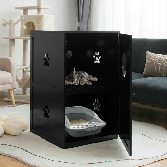 2-Tier Cat House Indoor Pet Crate Litter Box Enclosure Side Storage Cabinet