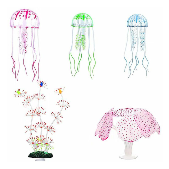 Betterlifegb - BetterLife Aquarium Decoration Coral Soft Silicone Coral Mushroom Glowing Corail Decoration Glowing Decoration Fish Tank Set of 5