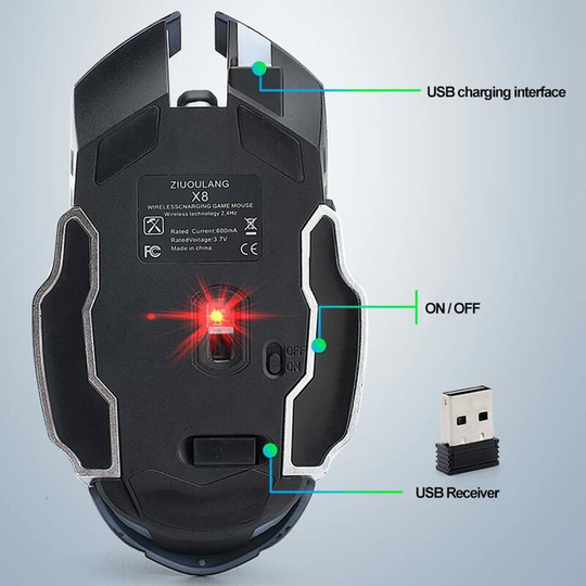 Soekavia - Wireless Mouse X8 Rechargeable 2.4GHz Silent Mute 7 Colors led Breathe Backlit 1800DPI Adjust Optical Ergonomic Cordless (Black)
