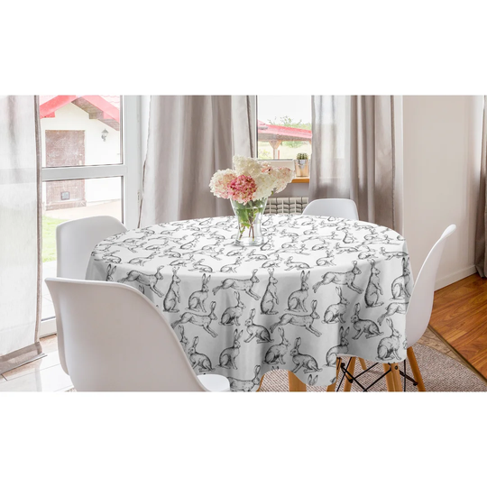 Cambi Rabbit Hares Monochrome Detailed Jumping Bunny Engraving Tablecloth