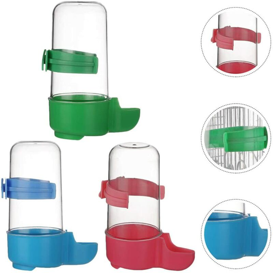 3 Pcs Bird Automatic Water Feeder Parrot Water Bottle Pet Plastic Bird Drinker Bowl Waterer Clip for Parrots Parakeet Aviary Cockatiel (Red+Blue+