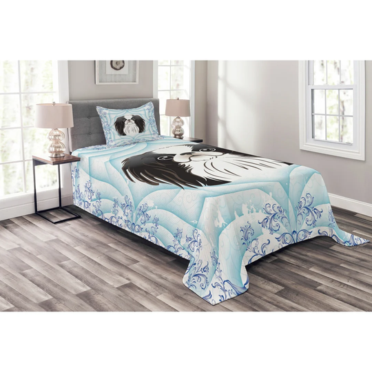 Funny Cartoon Puppy in Curlicue Floral Frame Bedspread Set