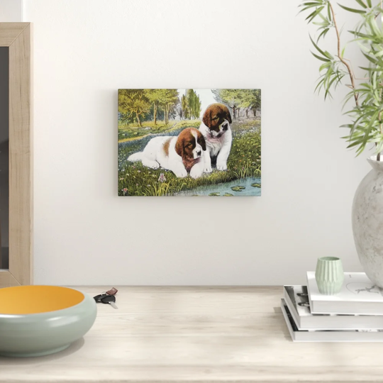 'Color Print Postcard with Two St. Bernard Puppies' Painting