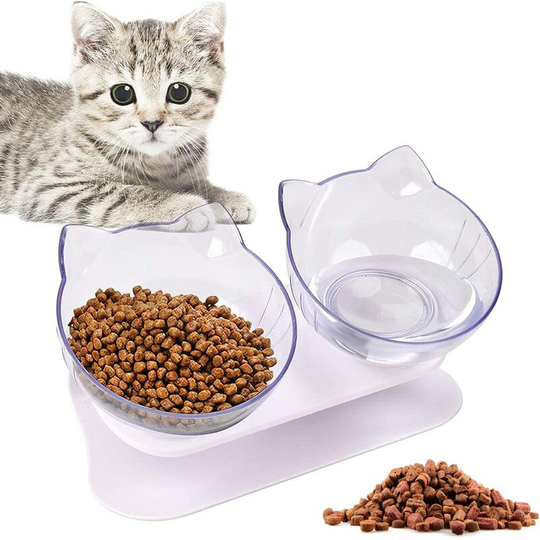 Cat Bowl, Double Cat Bowl, 15° Tilt Support, Non-Slip, Reduce Pet Neck Pain, for Cats and Dogs (Transparent)