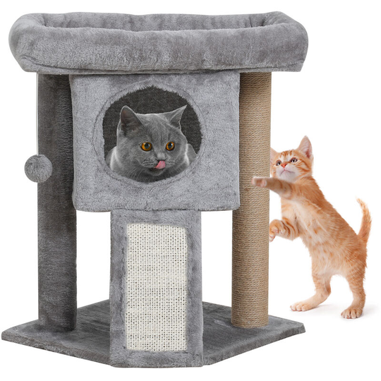 Puluomis - Cat Tree Tower with Large Condos, Padded Plush Perch, Scratching Post, Climbing Ladder, Hanging Ball, for Kittens, Adult Cats, Grey - Grey