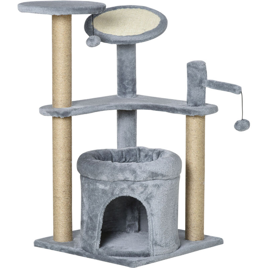 Cat Tree Tower Kitten Scratching Post w/ Condo Bed Scratcher Perch Ball - Grey - Pawhut