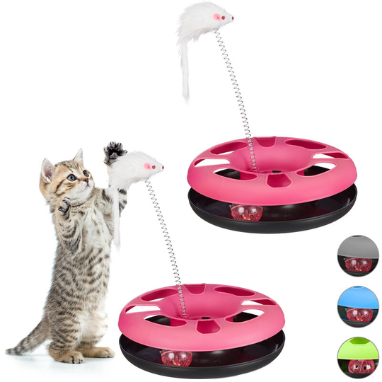 Relaxdays - Set of 2 Cat Toys Carousel with Mouse, Interactive Toy, Ball with Bell, Pet Training, Pink