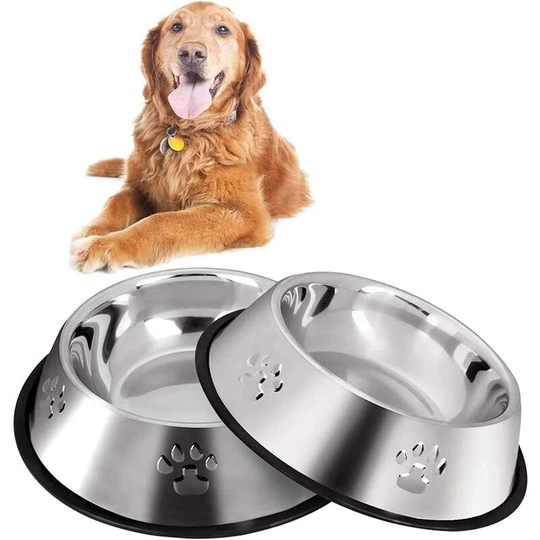 Litzee - Cat and Dog Bowl, 2 Stainless Steel Bowls, Medium and Large Pet Bowl with Rubber Base and Water Bowl