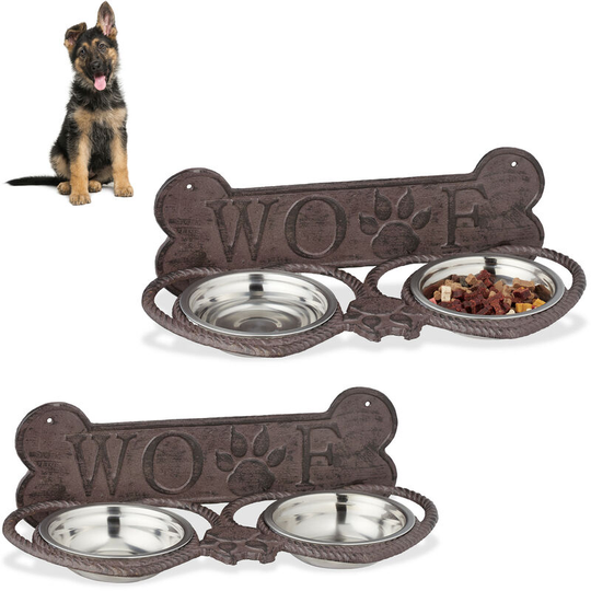 2x Relaxdays Cast Iron Feeding Station, Wall-Mount, 2 Stainless Steel Bowls Each, Antique Design, Dark Brown