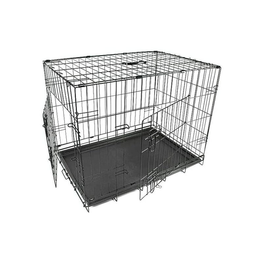 Pets Dog Puppy Crate | Folding 2 Door Metal Cage ideal for Home or Travel with Safety Latches and Easy to Clean Plastic Base Tray