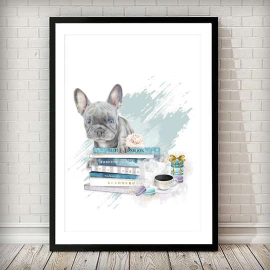 'French Bulldog Puppy and Fashion Books' Drawing Print