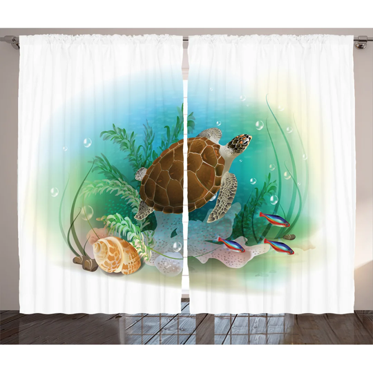 Sea Turtle Swims in the Ocean Tropical Underwater World Aquarium 2 Piece Room Darkening Curtain Set
