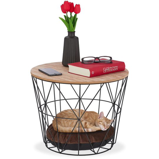 Basket Coffee Table with Pet Cave for Cats & Small Dogs, Side Stand with Pillow, HxD 35.5 x 45.5 cm, Black - Relaxdays