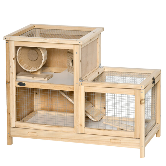 PawHut Wooden Hamster Cage 2-Tier, w/ Sliding Tray, Seesaw, 78 x 41.5 x 60 cm