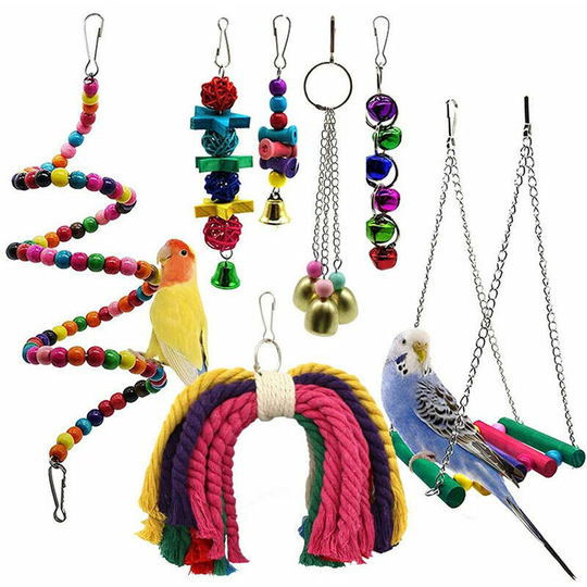 7 Pack Bird Chew Toys with Perches, Balls and Bells,