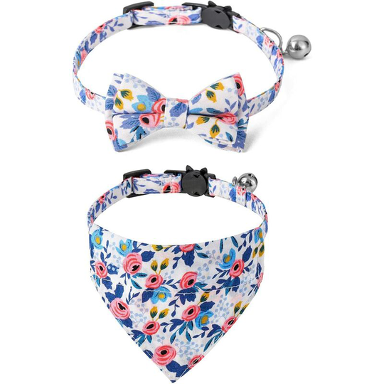 2 Pcs Sets Cat Collar Bandana Bells Set,Cat Collar Breakaway with Cute Bow Tie and Bell,Accessories for Pet Collars,Adjustable from 7.8'- 10.5', for