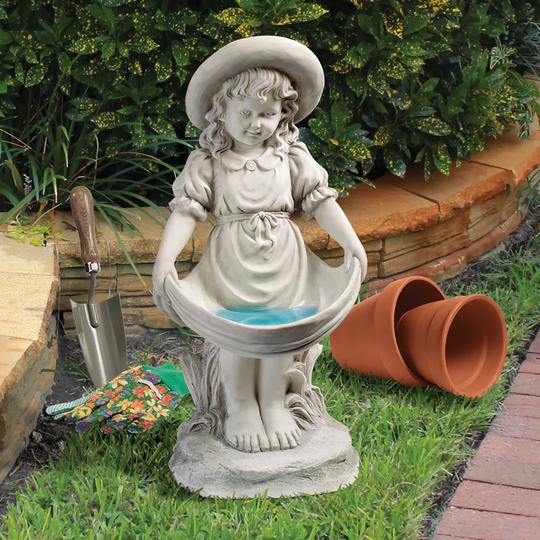 Statue Girl Hold up Skirt Bird Bath