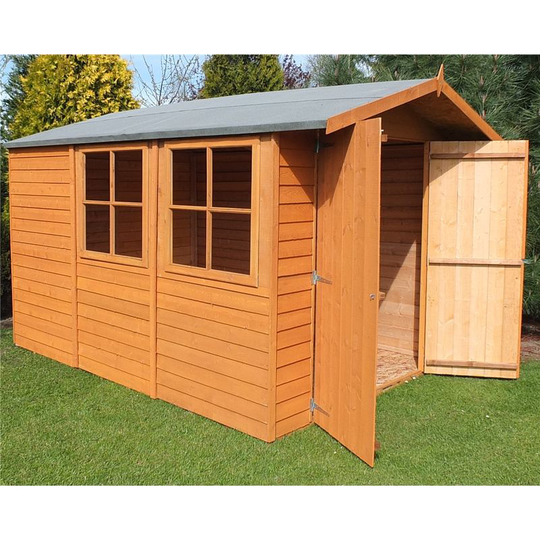 10 x 7 (2.97m x 2.04m) - Dip Treated Overlap - Apex Garden Shed - 2 Opening Windows - Double Doors - 11mm Solid Osb Floor-