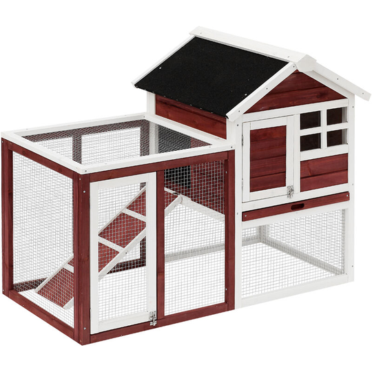 Pawhut - 122cm Wooden Rabbit Hutch Bunny Cage Pet House with Tray Ladder Run - Brown and White
